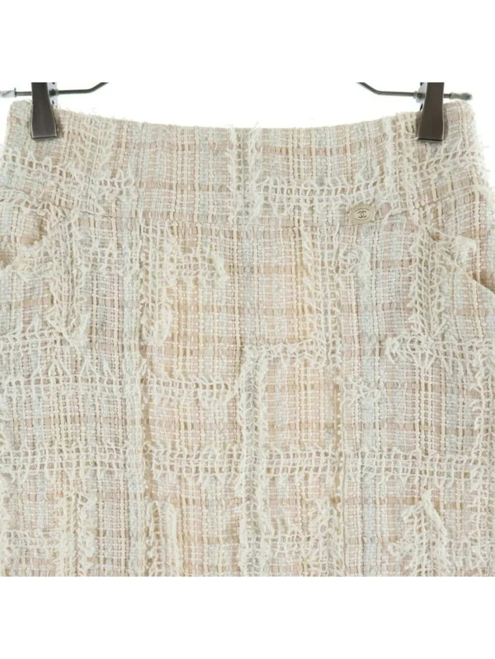 Chanel CC Logo Plate Decoration Tweed Skirt Pink White